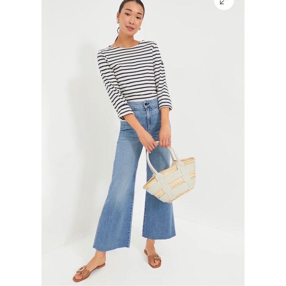 ASKK NY Brighton Barrio Cropped Wide Leg Jeans Blue Medium Wash Raw Hem Size 29